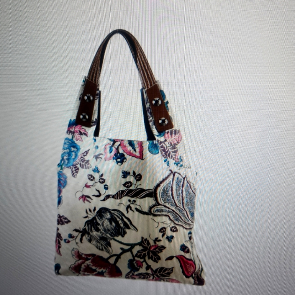 TORY BURCH floral Leather Tote Bag with Brown Handles
